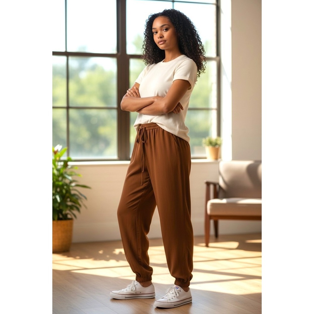 (B-42)Express Womens Jogger Pants Brown Ankle Mid Rise Elastic Waist Size S Casu